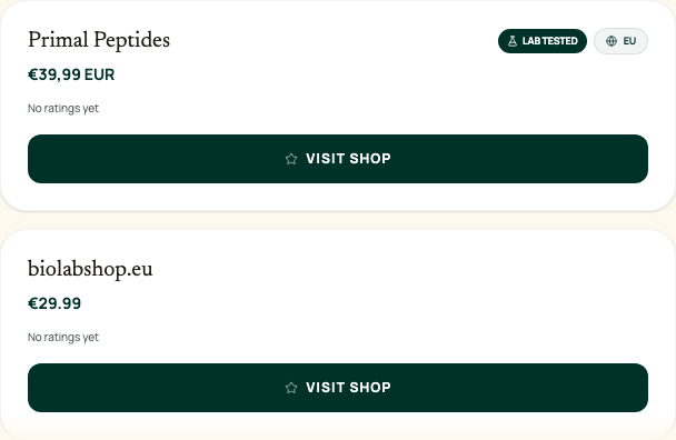 Actual Next Pep vendor cards displaying prices, a report link and missing-rating labels